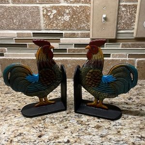 Cast Iron Rooster Book End Set